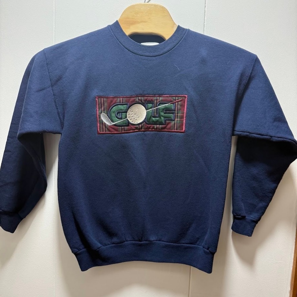 Vintage MC Sport Golf Sweatshirt Mens Medium Navy Blue Plaid Graphic Crewneck